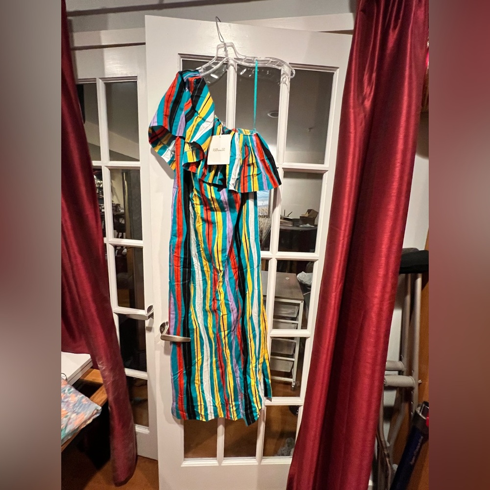 Diane Von Furstenberg Teal, Yellow, Red, Black & White Striped Ruffle Dress